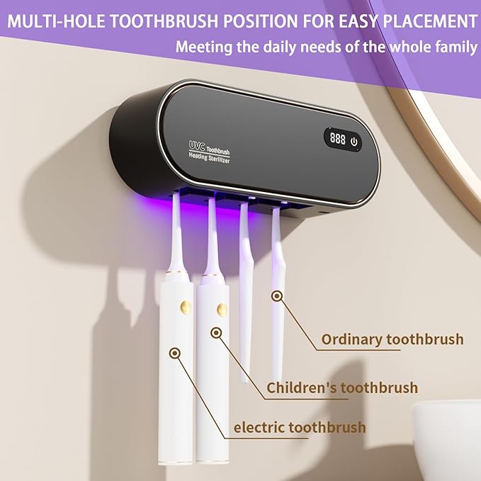 Toothbrush Holders for Bathrooms,Electric Toothbrush Holder with 24-Hour Smart Cycle Cleaning and hot air Drying, LED Display, Rechargeable Wall Mounted Tooth Brushing Holder (Black)
