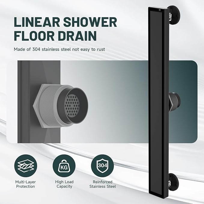 24-Inch Linear Shower Floor Drain, Stainless Steel Bathroom Floor Drains, Rectangular Shower Trench Floor Drain, Hair Strainer, Matte Black