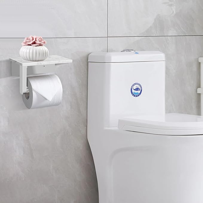 Toilet Paper Holder with Marble Shelf, SUS304 Stainless Steel Wall Mounted Toilet Paper Holder and 2 PCS Free Adhesive Hooks for Bathroom Washroom