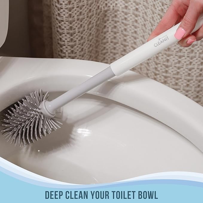Don Aslett Silicone Toilet Bowl Brush Set (Gray) Includes Slim Brush Holder, Sturdy Handle, & 2 Replacement Heads with Durable Silicone Bristles | Easy to Clean & Compact Toilet Scrubber for Bathroom