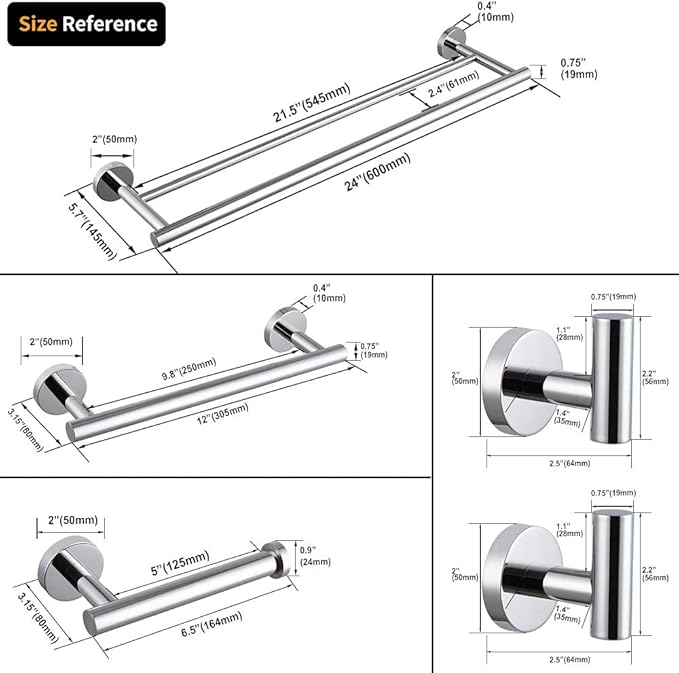 5-Pieces Set Bathroom Hardware Set Polished Stainless Steel Wall Mounted - Includes 24" Double Towel Bar, 12" Hand Towel Bar, Toilet Paper Holder, 2X Robe Towel Hooks, Bathroom Accessories Kit