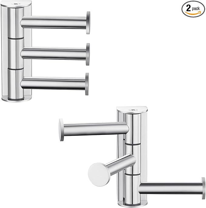 APLusee Swivel Towel Hooks Polished Chrome, 304 Stainless Steel 3 Arms Foldable Bathroom Robe Towel Hook, Shower Coat Hook, Wall Kitchen Holder, 2 Pack