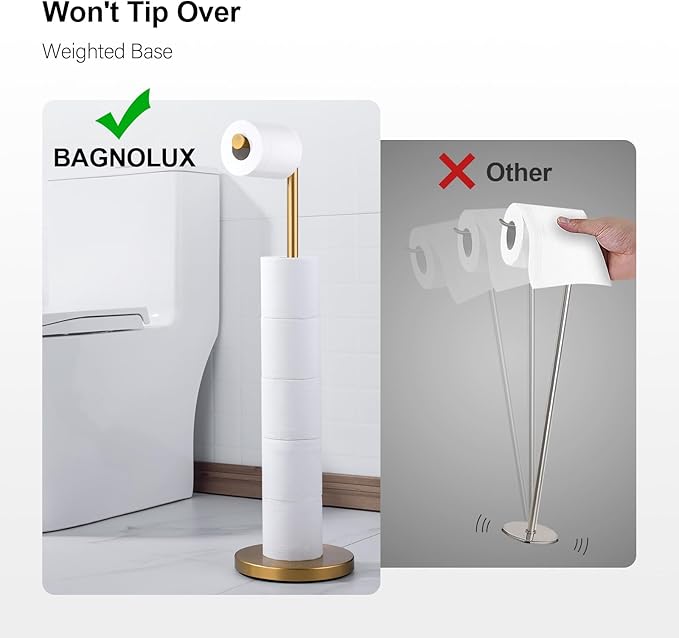 BAGNOLUX Bathroom Toilet Paper Holder Stand with Reserve, SUS304 Stainless Steel Rustproof Pedestal Tissue Roll Holder Heavy Duty (Brushed Brass)