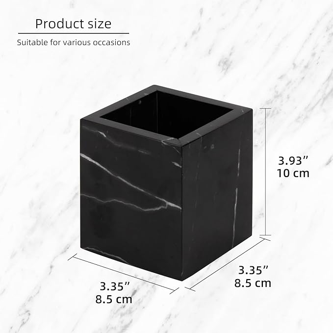Natural Marble Toothbrush Holder for Bathroom Countertop (8.5x8.5x10cm) - Multifunctional Organizer for Makeup Brushes, Vanity Accessories & Utensils Sink (1, Black Marquina)