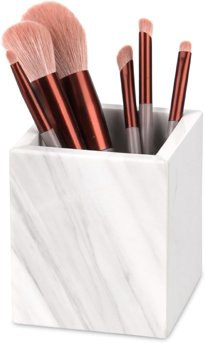 Natural Marble Toothbrush Holder for Bathroom Countertop (8.5x8.5x10cm) - Multifunctional Organizer for Makeup Brushes, Vanity Accessories & Utensils Sink (1, White)