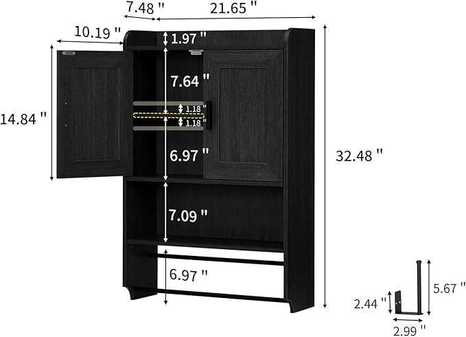 Bathroom Wall Cabinet, Wooden Medicine Cabinet Over the Toilet with Adjustable Inner Shelf, Wall Mounted Cabinet with Doors for Bathroom Storage, Hanging Cabinet for Wall with Towels Bar (Black)