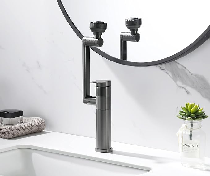 1080 Degree Swivel Bathroom Faucet Gun Grey Lavatory Basin Sink Faucet 1 Handle Big Angle Spray Aerator Spout Extender Universal 360° Rotating Arm Splash Filter 2 Water Outlet Modes
