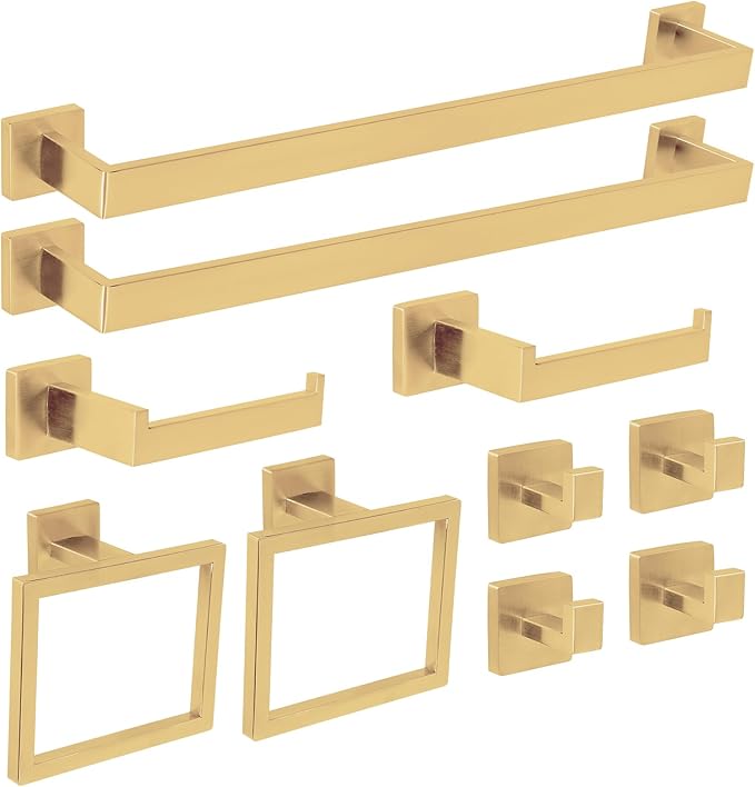 FAHKNS 10 PCS Bathroom Hardware Accessories Set 23.6 Inch Stainless Steel Bath Towel Bar Set Square Towel Ring Set for Bathroom Wall Mounted, Gold