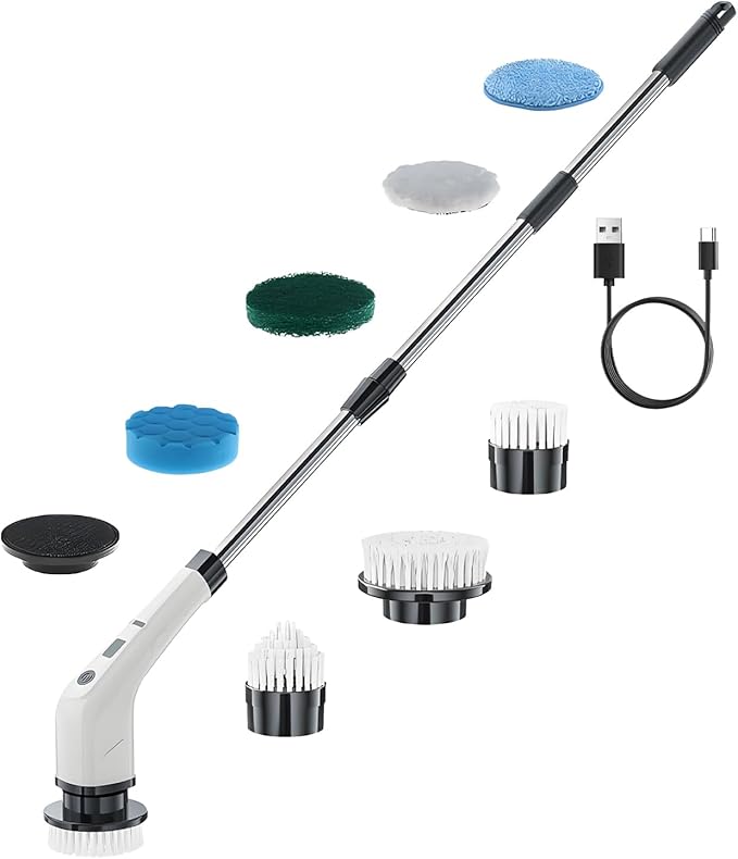 Long Electric Cleaning Brush, with Adjustable Cleaning Height, Abs Material, Cordless Electric Scrubber, Rechargeable Shower Scrubber, Multiple Brush Heads, for Shower, Doors, Kitchen, Sinks,