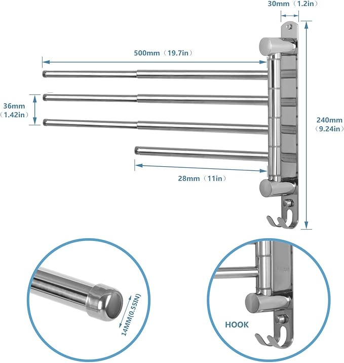 Adjustable Bathroom Towel Rack JSVER SUS304 Stainless Steel Towel Rack with Adjustable Arms (Silver, 4 Arms)