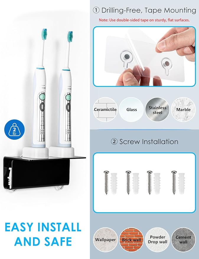 OAPRIRE Electric Toothbrush Holder Wall Mounted, Acrylic Electric Toothbrush Holder for Bathroom Come with Cable Organizer, Saving Space and Convenient Charging - Black