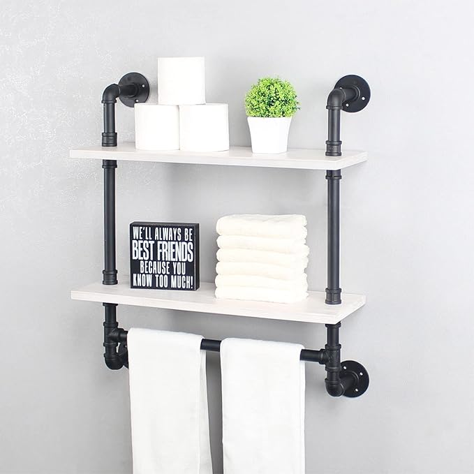 MBQQ Iron Pipe Shelves Industrial Bathroom Shelves with Towel bar,24in Rustic Metal Pipe Floating Shelves Pipe Wall Shelf,2 Tier Industrial Shelf Wall Mounted,Black & White
