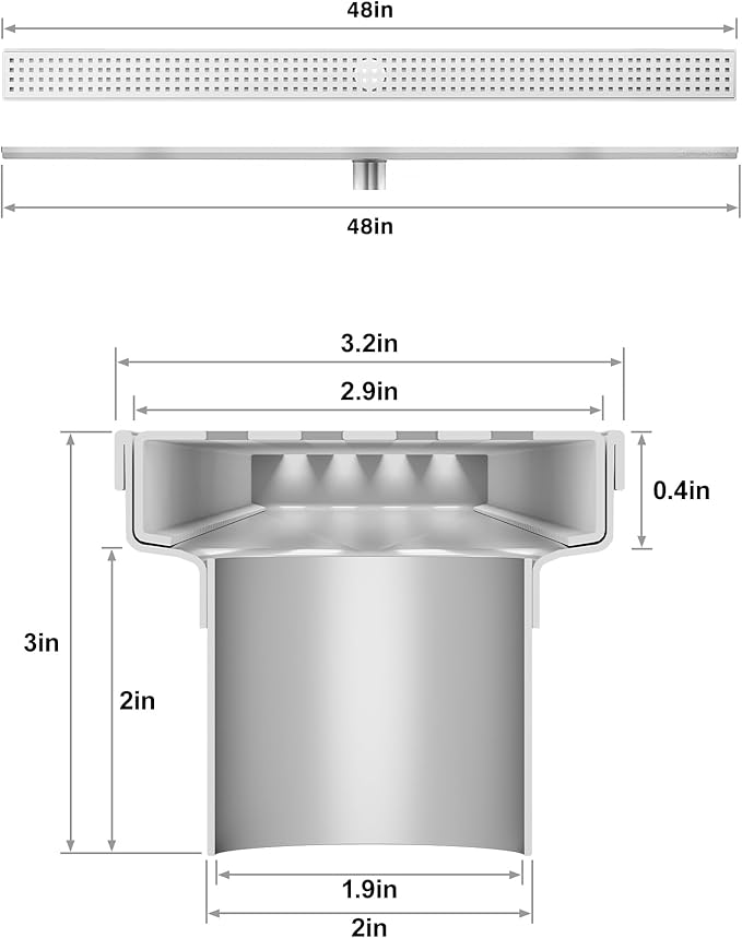304 Stainless Steel Shower Drain, Removable Grate & Hair Catcher Bathroom Floor Drain with Waterproof Design for Tile Floor, CUPC Compliant (Punch, 48 Inch)