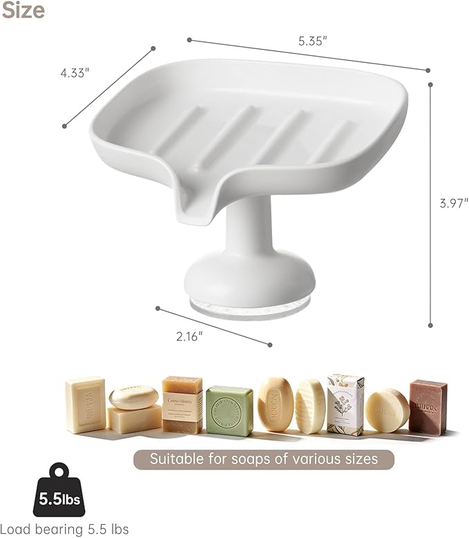 Self-Draining Soap Dish with Suction Cup, Stand Bar Soap Holder, No Drill Removable Sponge Tray for Shower, Bathroom, Kitchen Sink, Easy to Clean & Keeps Dry, White
