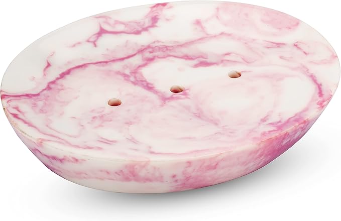 Ajuny Marble Resin Soap Dish Self Draining Oval Bar Soap Holder White & Pink Countertop Tray Soap Saver for Bathroom Shower Kitchen Sink & Bathtub Easy to Clean