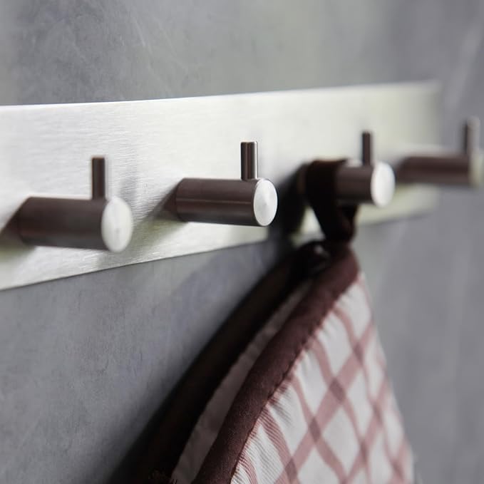 Self Adhesive Towel Hooks for Bathrooms Brushed Nickel Stick on Wall Bath Hanger Peel and Matte Shower Coat hook Mount 4 hooks, Silver