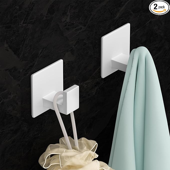Adhesive Shower Hooks, Towel Hooks for Hanging Robe, Coat, Hat, Loofah, Heavy Duty Wall Hooks Stick on Bathroom, Kitchen and Office (2 Pack, White)