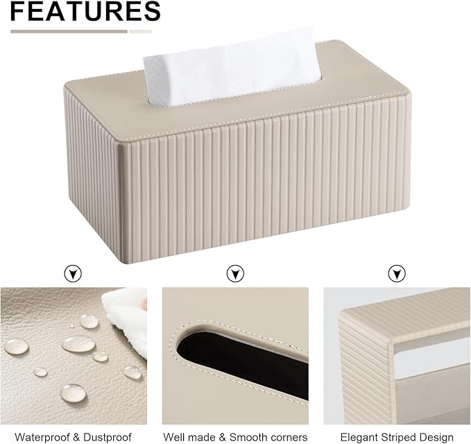 KINGFOM PU Leather Tissue Box Cover Rectangular Tissue Box Holder with Magnetic Bottom, Napkin & Facial Tissue Holder Dispenser for Home, Office (Decorative Pattern-PU Leather, Beige Stripe)