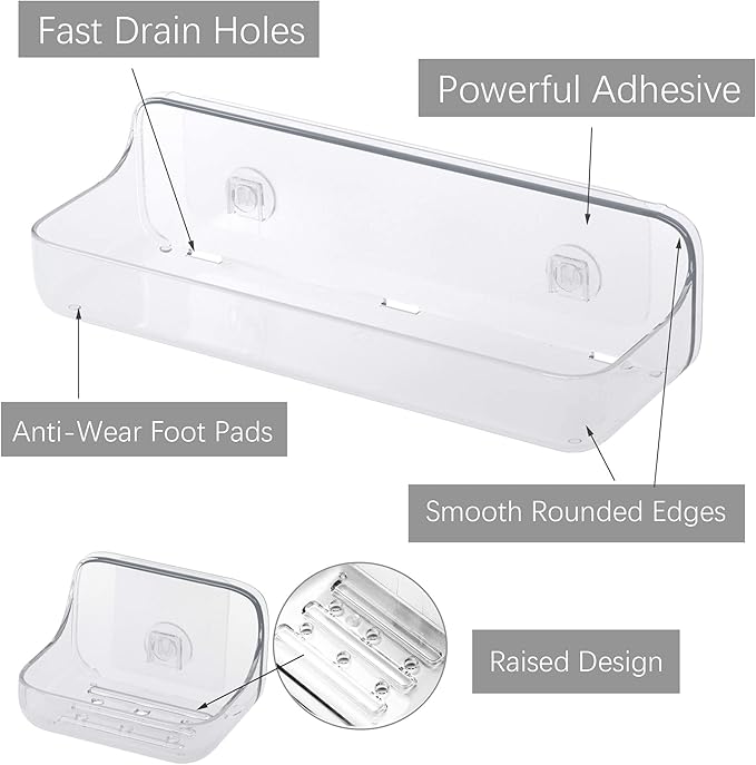 TZAMLI Clear Shower Caddy with Soap Dish, Adhesive Shower Organizer Shelf Plastic Wall Mounted No Drilling Shelves for Bathroom Kitchen Storage, 3 Pack