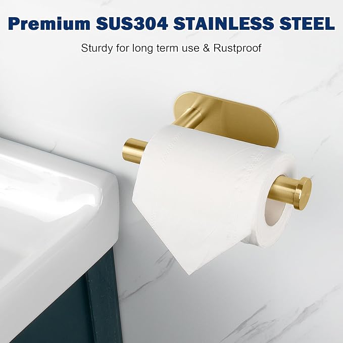 NearMoon Toilet Paper Holder Self Adhesive, Premium Thicken SUS304 Stainless Steel Rustproof Adhesive Toilet Roll Holder no Drilling for Bathroom, Kitchen, Washroom (3 Pack, Brushed Gold)