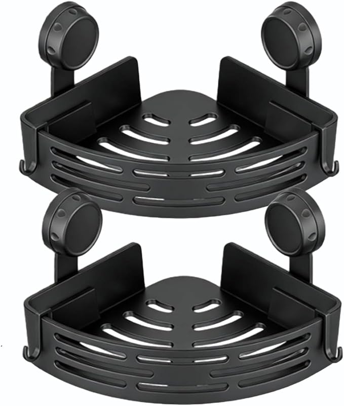 No-Drill Bathroom Corner Shelf, 3 Tier Corner Shelf Bathroom, Suction Cup Corner Shower Shelf, Wall Mounted Storage Rack for Bathroom & Kitchen (2PCS-Black)