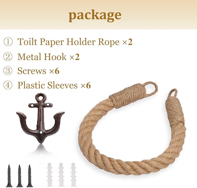 2 Pcs Nautical Toilet Paper Holder Rustic-Industrial Wall-Mounted Nautical Toilet Paper Towel Ring with Metal Hook for Bathroom Decor(Brown+Brown)