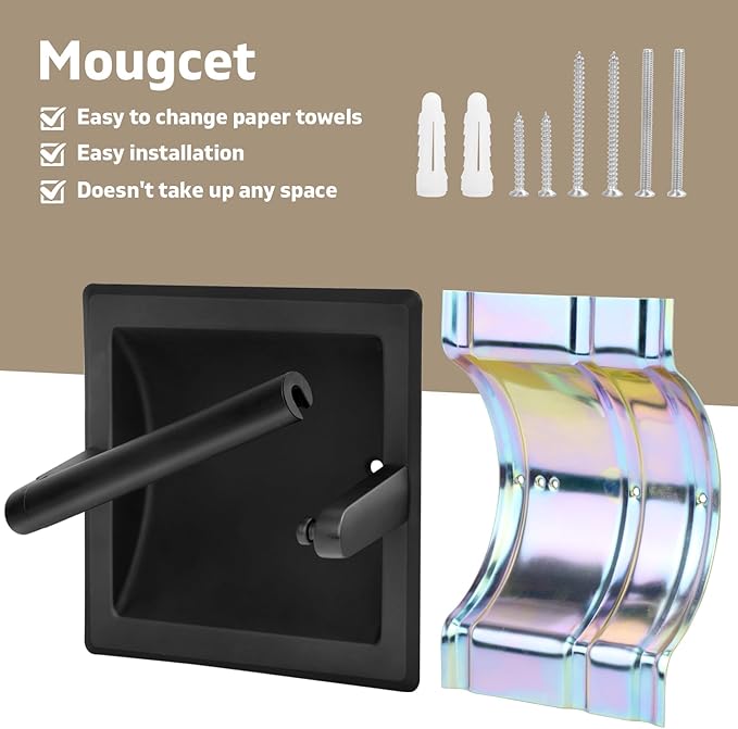 Recessed Toilet Paper Holder for Large Rolls, Pivoting Stainless Steel in Wall Toilet Paper Holder, Wall Mounted Bathroom Tissue Roll Dispenser with Modern Matte Black Finish