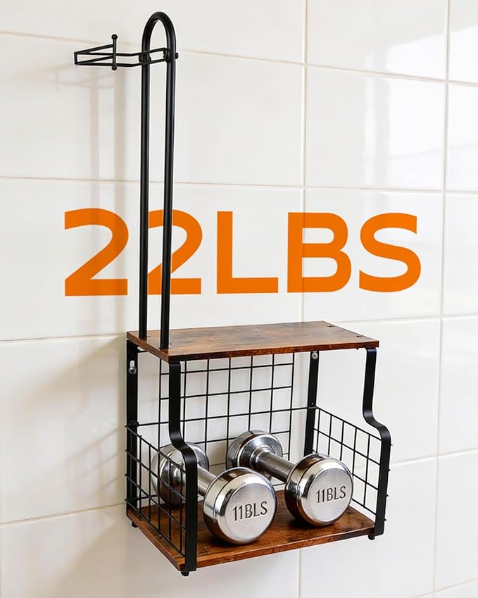 Bathroom Toilet Paper Holder with Storage Shelf, Wall Mount Toilet Paper Holder Stand with Metal Basket, Bathroom Tissue Storage Organizer for Rolls, Magazines， Phone & Shower Essentials