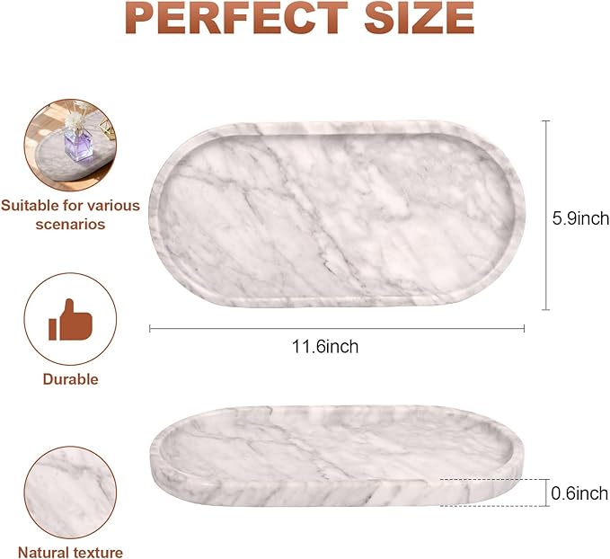 YKAJO Marble Tray 11.6"x5.9" White Gray Vanity Decorative for Countertop Catchall for Perfume Candles Jewelry Dish Perfume Trays for Vanity Bathroom Decorative Tray for Kitchen Counter