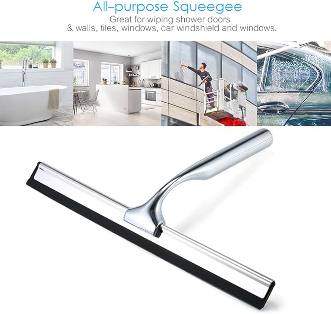 Shower Squeegees Stainless Steel Window Glass Wiper Cleaner Squeegee for Shower Door Bathroom Kitchen Car Mirror - with Suction Cup Hook Holder
