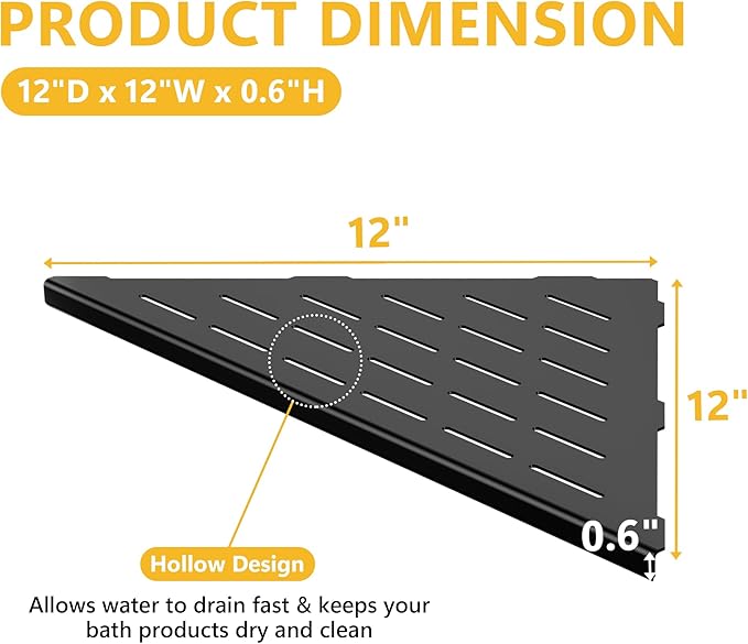 Neodrain 12 Inch Matte Black Corner Shelf Set of 2,Shower Shelves for Tile Wall Insert, 304 Stainless Steel Storage for Bathroom, No Drilling