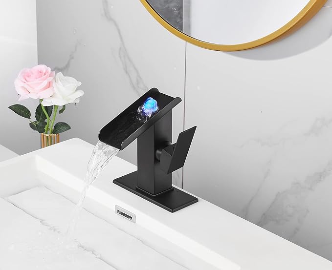 Bathroom Sink Led Faucet Waterfall Spout Black RGB 3 Colors Changing Temperature Lavatory Vanity Sink Faucet One Hole Handle Modern Washbasin Tap with Lights Deck Mount Commercial