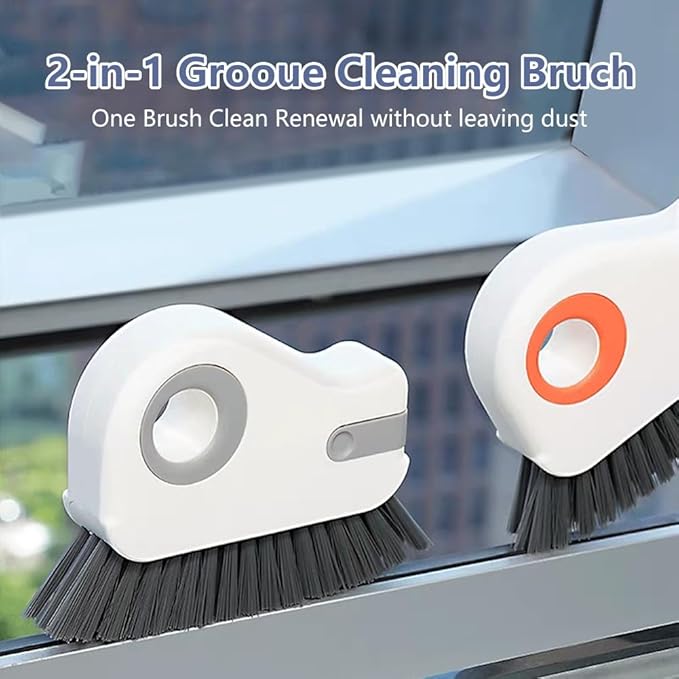 2 in 1 Groove Cleaning Brush, Window Track Cleaning Tools with Hard Bristles and Hidden Scraper, Crevice Brush for Sliding Door Track, Window Seal and Sill (Gray)