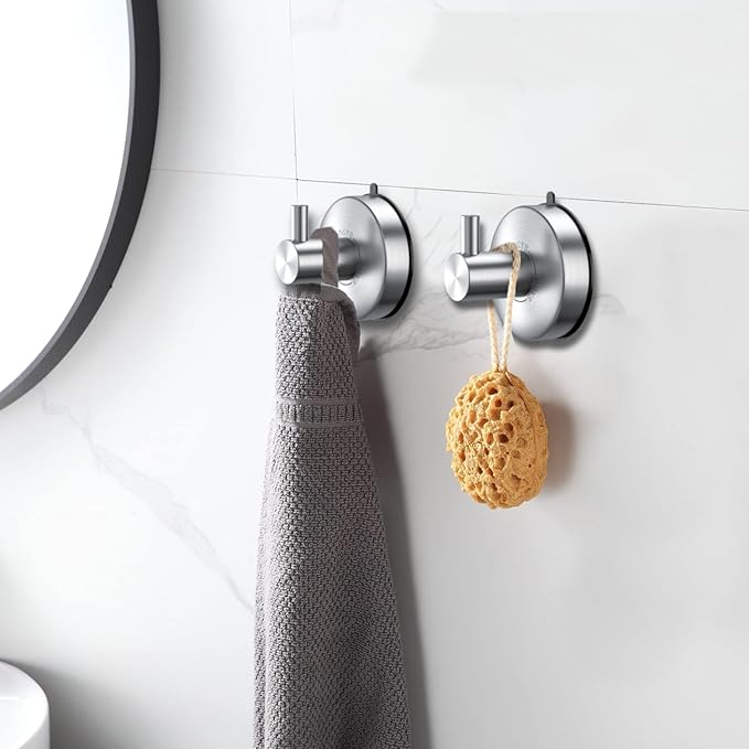 DGYB Suction Cup Hooks for Shower Brushed Nickel Bathroom Hooks Suction Set of 2 Removable Wall Hook for Hanging Towels, Robe, Loofah, Coats