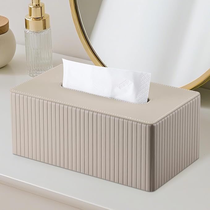 KINGFOM PU Leather Tissue Box Cover Rectangular Tissue Box Holder with Magnetic Bottom, Napkin & Facial Tissue Holder Dispenser for Home, Office (Decorative Pattern-PU Leather, Beige Stripe)