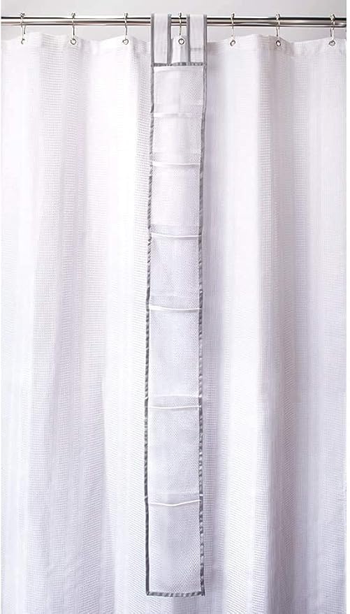 Skywin TidyFriend Shower Liner With Pockets -57 x 6 Inches, Hanging Mesh Shower Caddy with 7 Pockets, 100% Polyester Mesh Fabric, Adjustable Velcro Strap or Hook