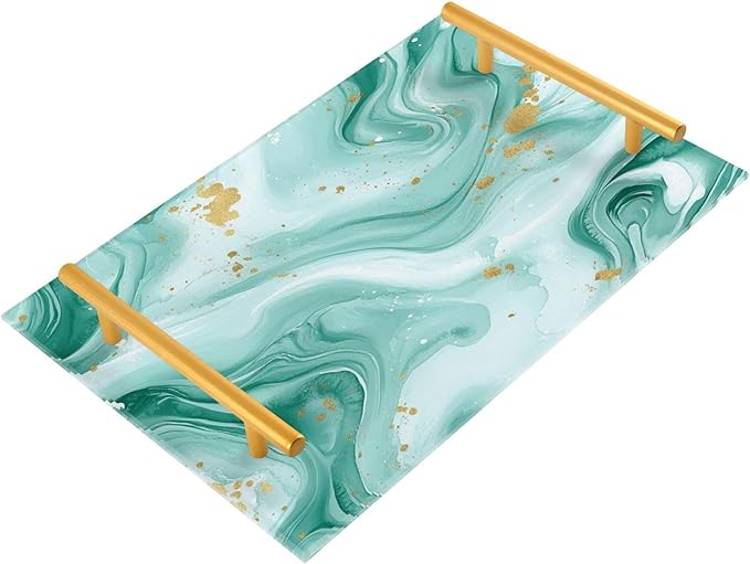Watercolor Teal Marble Acrylic Serving Tray with Handles Bathroom Counter Trays Marbling Stone Decorative for Coffee Kitchen Desk Organizer Makeup Storage Tray