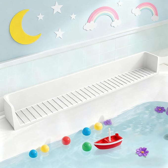 Bathtub Splash Guard for Tub Kids, Longer Silicone Water Splash Guard for Bathtub, Toy Holder Play Shelf for Bathtime，Silicone Tub Splash Guard Prevent Water Spills in Bathroom (Gray)