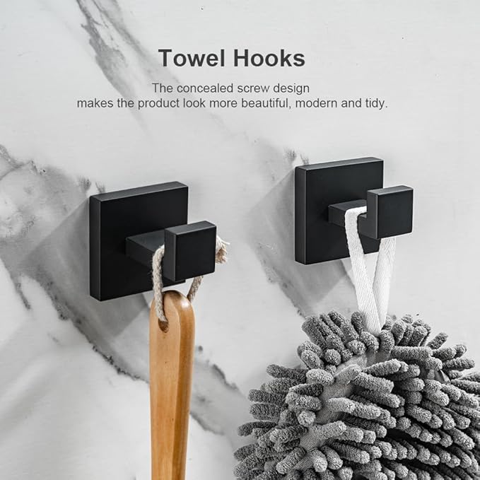 Matte Black Towel Hooks 2 Pack, SUS304 Stainless Steel Bathroom Robe Hook, Heavy Duty Modern Square Coat Holder, Rustproof, Anti-Rotation Wall Mount for Hand Towels & Bath