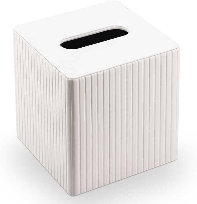 KINGFOM Square Pu Leather Tissue Box Cover, Modern Facial Tissue Holder, Roll Tissues Paper Case Dispenser for Bathroom Vanity Countertop, Night Stands, Office Desk (Off-White Strips)