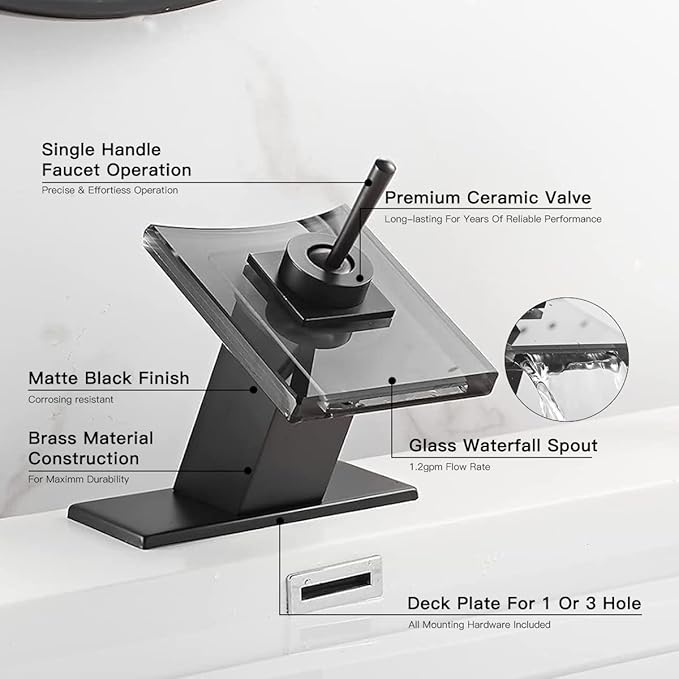Black Bathroom Sink Faucet Glass Spout Waterfall Single Handle 1or 3 Hole Bath Sink Lavatory Faucet Vanity Basin Mixer Tap with Cover Plate Deck Mount Commercial