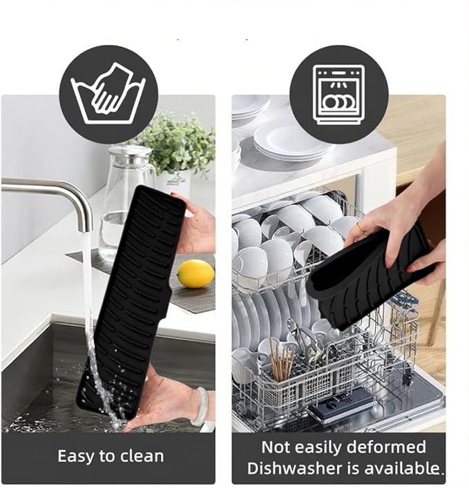 Silicone Faucet Mat for Kitchen Sink Bathroom Faucet Pad Sink Splash Guard Soap Sponge Holder Dish Drying Mat Double Side Available 2in1 Drainer Mat Heat-resistant 16.54x3.94in Black