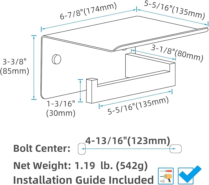 APLusee Matte Black Toilet Paper Holder with Shelf, Left Side 304 Stainless Steel Tissue Hanger, Wall Mounted