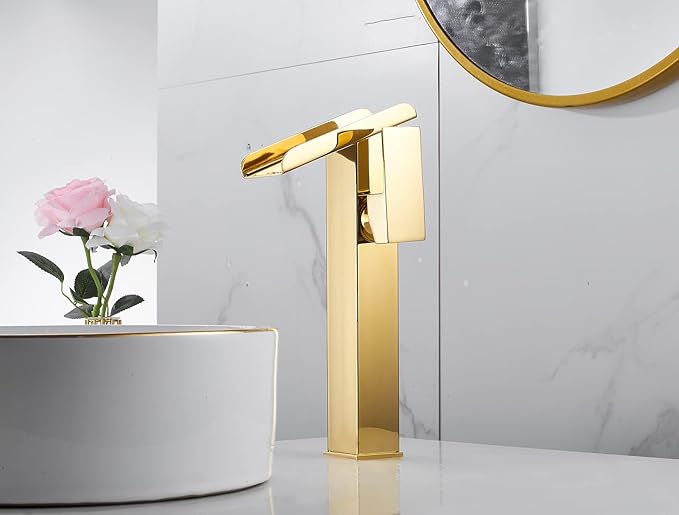 Bathroom Vessel Faucet Gold LED 3 Color Changing Light Waterfall Vessel Sink Faucets Single Handle One Hole Bowl Sink Faucet Vanity Lavatory Basin Mixer Tap Tall with Supply Hose Commercial Modern