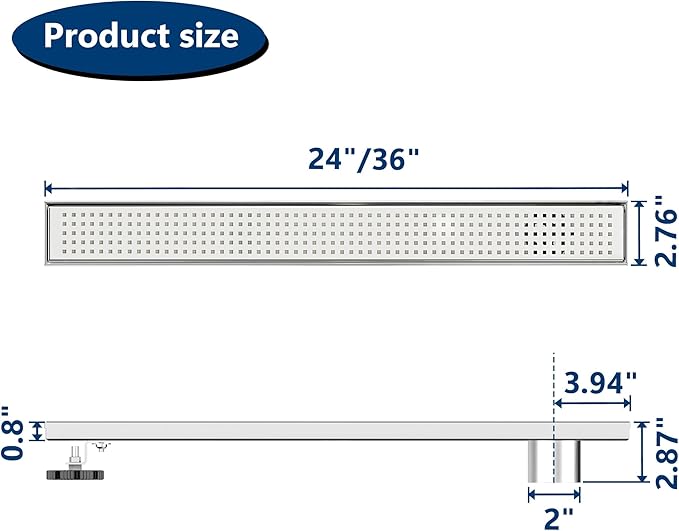 Neodrain 24-Inch Offset Side Outlet Linear Shower Drain with Quadrato Pattern Grate Cover, Brushed 304 Stainless Steel Rectangle Shower Floor Drain, with Leveling Foot, Hair Strainer Catcher