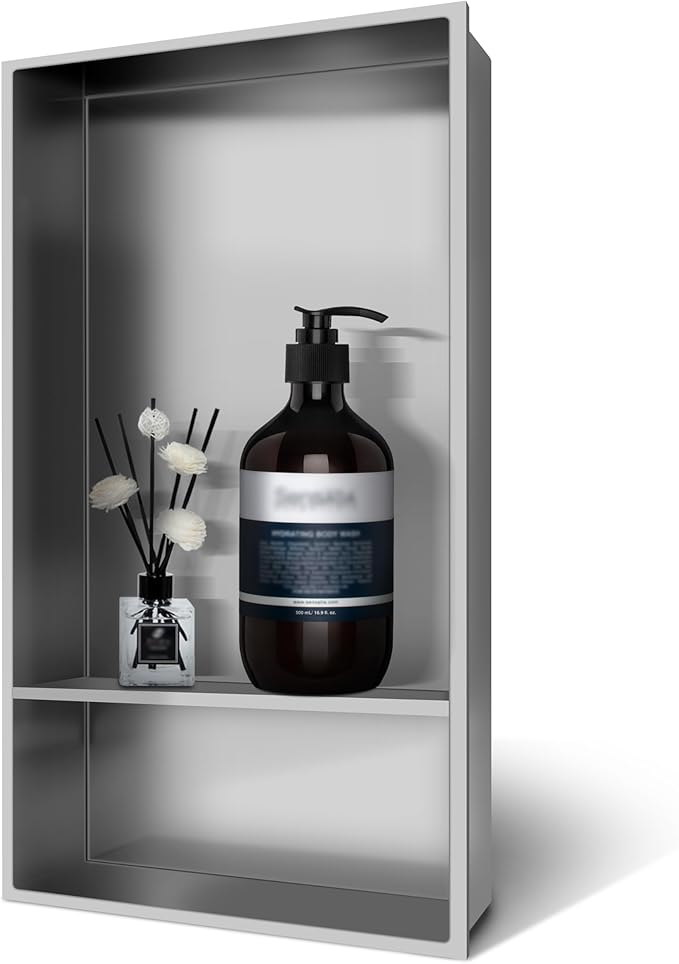 Shower Niche Insert Tile Ready, Bath Niche 13 × 25 Double Shelves, Recessed Niche Shower for Bathroom Storage, Brushed Nickel