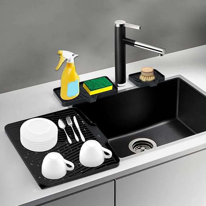 Silicone Dish Drying Mat for Kitchen Counter, Dish Drying Pad, Non-Slip Drain Pad with Built-in Drain, Heat Resistant Stone Drying Mat, Black-1Set
