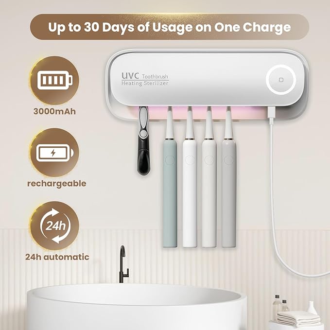 Smart Bathroom Toothbrush Holder, 5 Brush Slots Toothbrush Cleaner with Night Light & Fast Drying, Wall Mounted Rechargeable Toothbrush Organizer for Electric/Manual Toothbrushes (White)