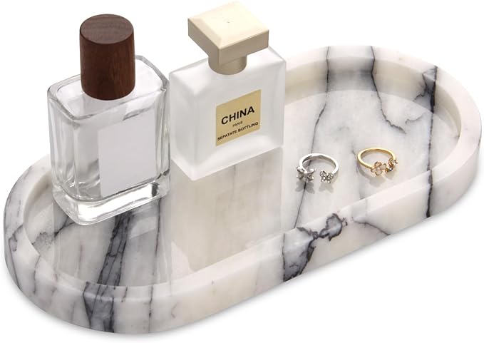 Oval Marble Bathroom Vanity Tray, Natural Luxury Marble Home Kitchen Bathroom Table Tray, Stone Decorative Countertop Serving Trays for Coffee Perfume Jewelry Makeup (Lilac, 10 * 5 * 0.6)