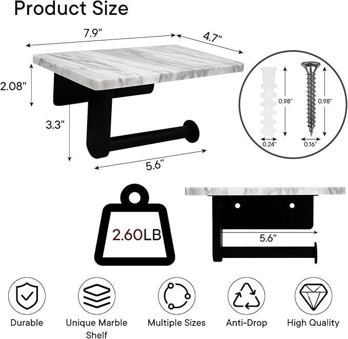 Toilet Paper Holder with Natural Marble Shelf for Bathroom Washroom,Wall Mounted Tissue Holder Suitable for Mega Rol(Middle 7.87 * 4.72 in, Matte Black)